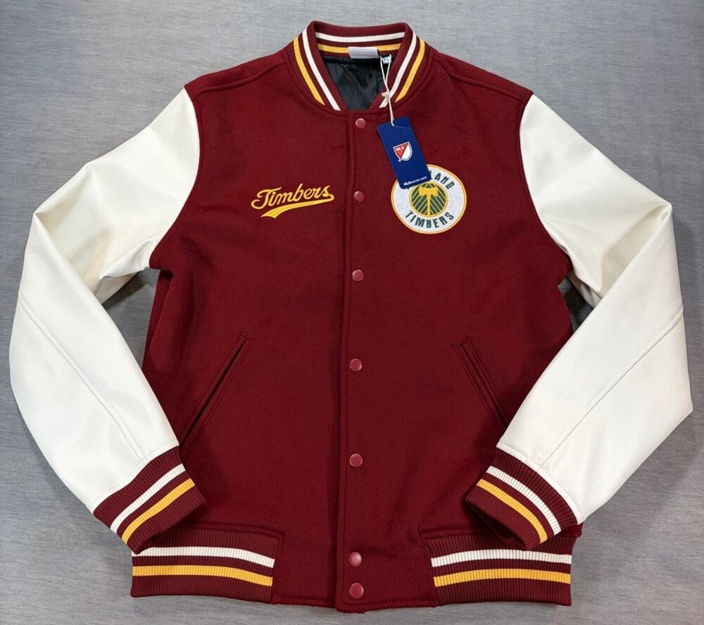 New MLS Unisex Portland Timbers Varsity Wool Jacket Wine Maroon Red Cream Sz S